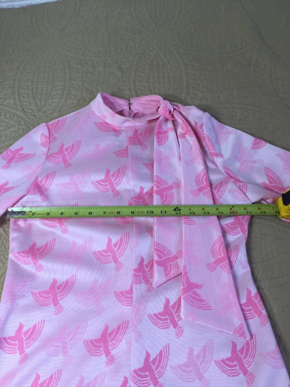 Rare Vtg 60s Leslie Fay Knits Pink Mod Shift Dress, Bird Novelty Print Bow, ILGW - Picture 7 of 12
